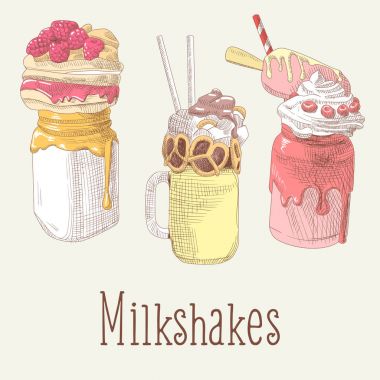 Milkshake ve dondurma elle çizilmiş Doodle. Tatlı içecekler meyve ile. Vektör çizim