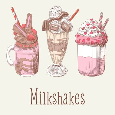 Milkshake ve dondurma elle çizilmiş Doodle. Tatlı soğuk içecekler. Vektör çizim