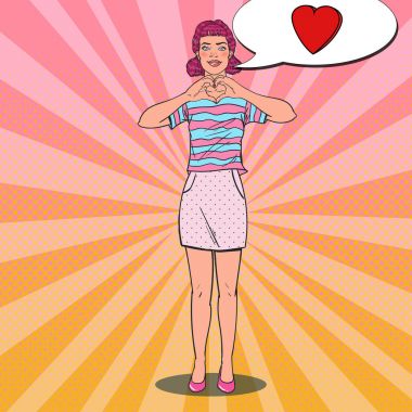 Kalp el işaret gösteren sanat genç kadın pop. Sevgi jest çizgi stili arka plan. Vektör çizim