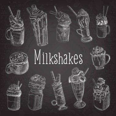Milkshake ve dondurma elle çizilmiş Doodle. Tatlı içecekler Chalkboard üzerinde. Vektör çizim