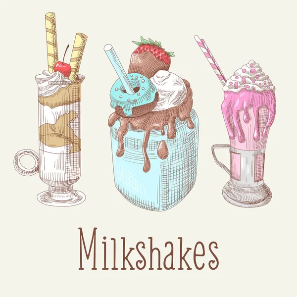Milkshakes and Ice Cream Hand Drawn Doodle. Bebidas frías de postre. Ilustración vectorial — Archivo Imágenes Vectoriales