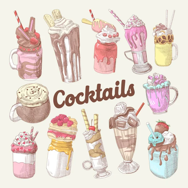 Milkshake ve dondurma elle çizilmiş Doodle. Tatlı içecekler. Vektör çizim