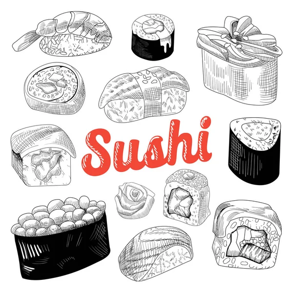 Japanisches Essen handgezeichnetes Doodle isoliert auf weißem Hintergrund. Sushi und Semmeln mit Reis und frischem Fisch. Vektorskizze — Stockvektor