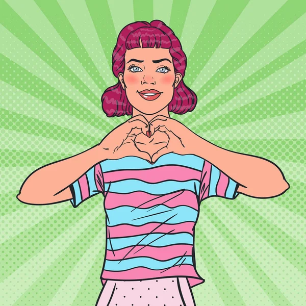 Pop Art Woman Showing Heart Hand Sign. Amor Gesto Cómic Estilo Fondo. Ilustración vectorial — Archivo Imágenes Vectoriales