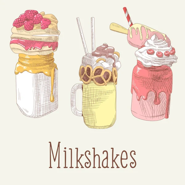 Milkshake ve dondurma elle çizilmiş Doodle. Tatlı içecekler meyve ile. Vektör çizim