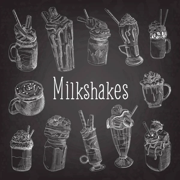 Batido de leche y helado dibujado a mano Doodle. Bebidas de postre en pizarra. Ilustración vectorial — Archivo Imágenes Vectoriales