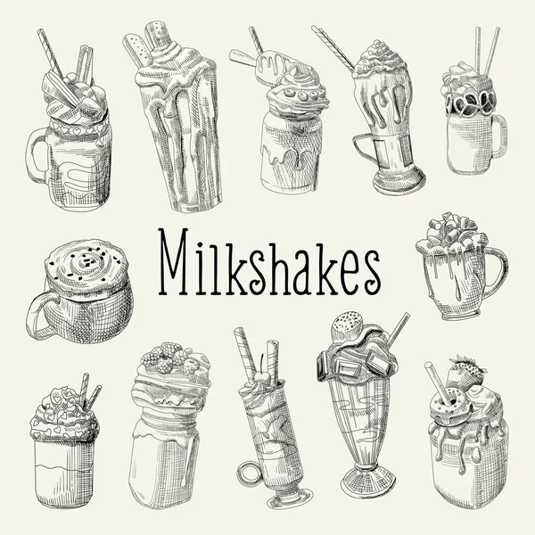 Batido de leche y helado dibujado a mano Doodle. Bebidas de postre aisladas sobre fondo blanco. Ilustración vectorial — Vector de stock