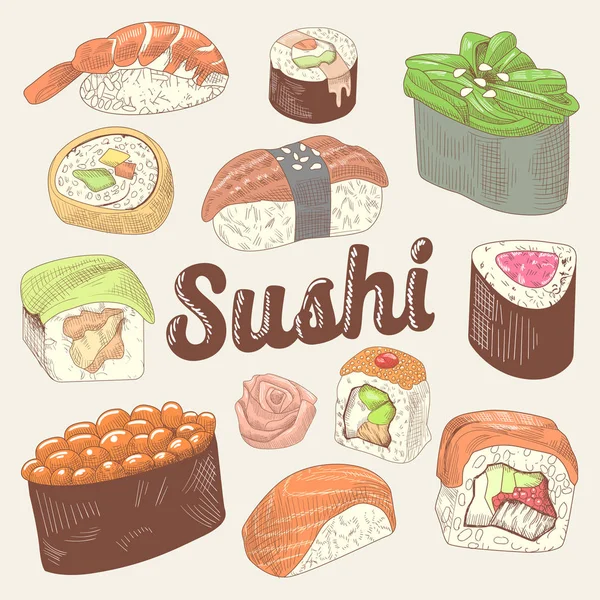 Japonské potraviny ručně tažené Doodle. Sushi a závitky s rýží a čerstvých ryb. Vektorové skici — Stockový vektor