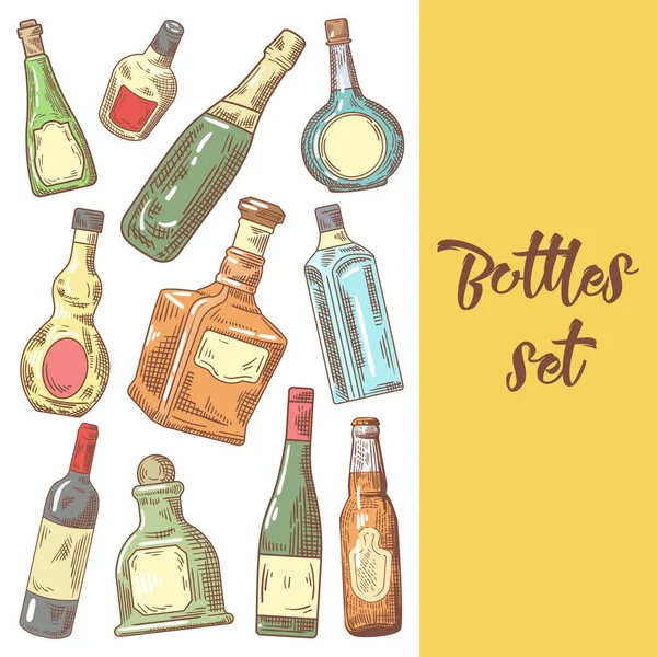 Design de menu de garrafas desenhadas à mão. Vinho, Cognac Bottle Sketch. Ilustração vetorial —  Vetores de Stock