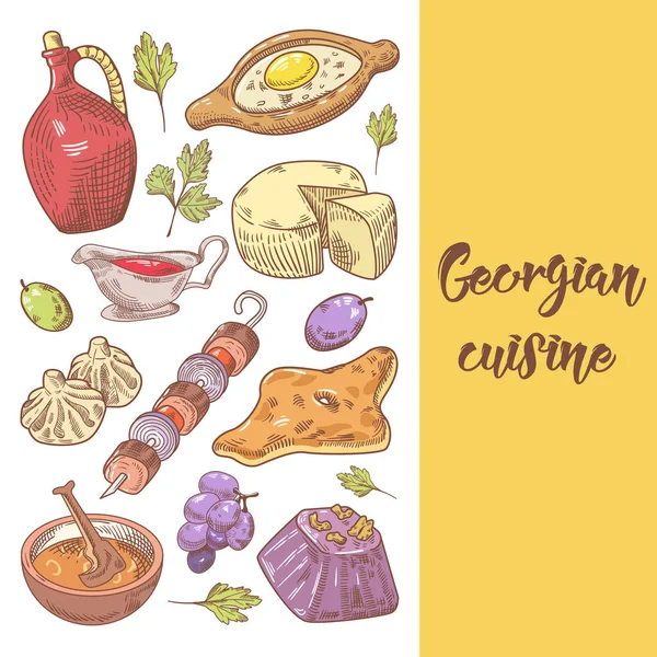 Copertina menu cibo georgiano disegnato a mano. Khinkali — Vettoriale Stock