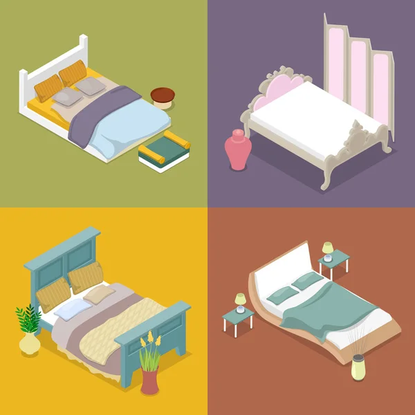 Izometrikus kétágyas King Size Bed. Hálószoba bútorok — Stock Vector