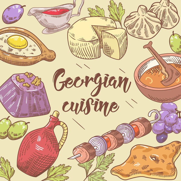 Hand Drawn Georgian Food Background. Cuisine
