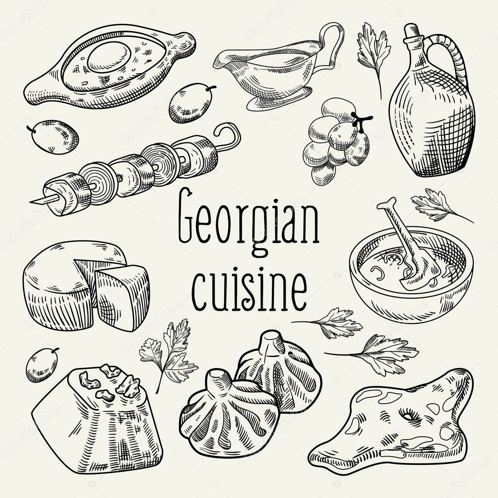 Georgian Food Hand Drawn. Georgia Cuisine