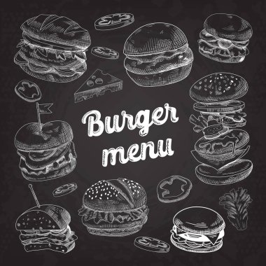 El Burger tahtaya çekilmiş. Çizburger, sandviç ve Hamburger ile Fast Food menü. Vektör çizim