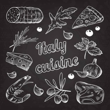 İtalyan gıda el yazı tahtası çizilmiş Doodle. Pizza peynir zeytin ve karides. Vektör çizim