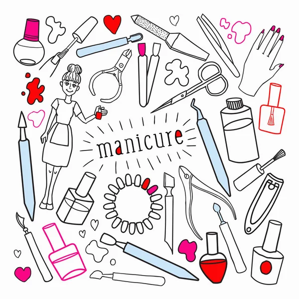 Donna Bellezza Cosmetici Set disegnato a mano. Elementi di trucco per manicure. Illustrazione vettoriale — Vettoriale Stock