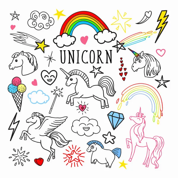 Unicornio Rainbow Magic Freehand Doodle. Pegatinas y parches aislados sobre fondo blanco. Ilustración vectorial — Vector de stock