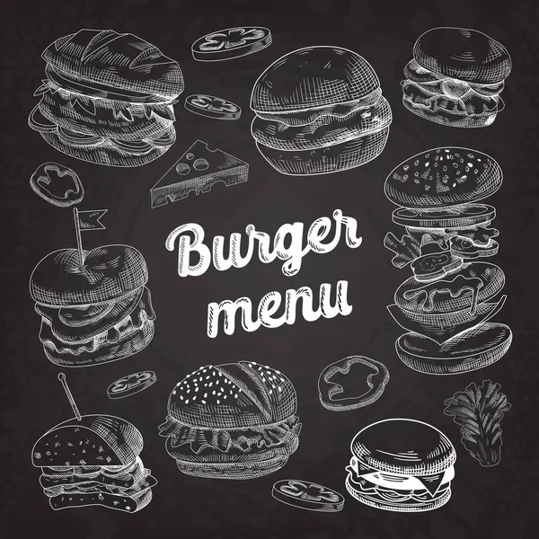 Burgers desenhados à mão no quadro negro. Menu Fast Food com Cheeseburger, Sanduíche e Hamburger. Ilustração vetorial — Vetor de Stock