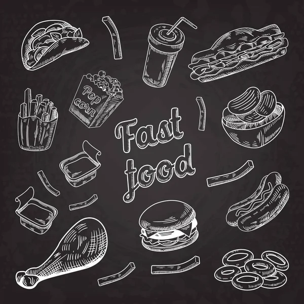 Fast-Food-Restaurant Speisekarte Tafel. Handgezeichneter Sketch Burger Pommes Hot Dog. Vektorillustration — Stockvektor