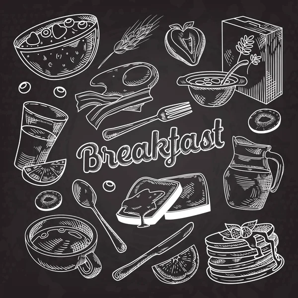 Desayuno saludable Doodle dibujado a mano. Bosquejo de comida y bebida. Cornflakes Pancakes Juice and Fruits. Ilustración vectorial — Vector de stock