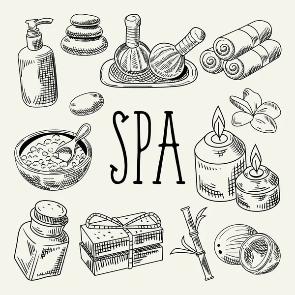 Spa Wellness Beauty Doodle disegnato a mano. Set di elementi di salute per aromaterapia. Trattamento della pelle. Illustrazione vettoriale — Vettoriale Stock