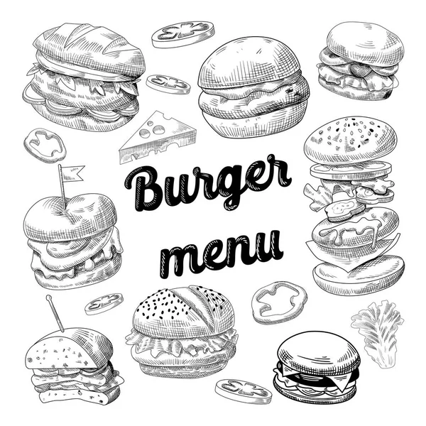 Hand dras hamburgare. Snabbmat-menyn med Cheeseburger, smörgås och hamburgare. Vektorillustration — Stock vektor