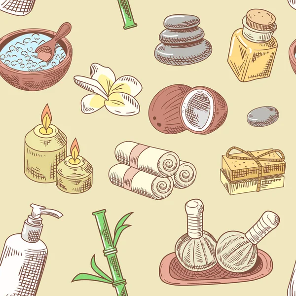 Spa Sağlık Güzellik Seamless modeli. Aromaterapi sağlık elemanları arka plan. Cilt tedavisi. Vektör çizim