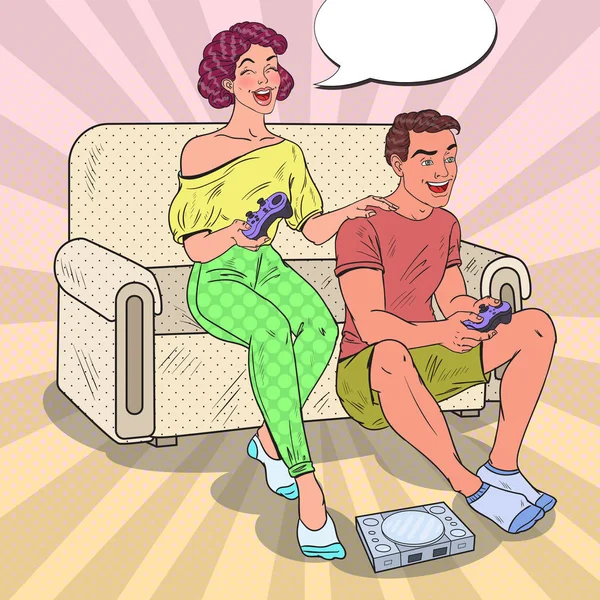 Pop Art Coppia allegra giocare al video gioco. Ragazza e ragazzo con console Joystick. Illustrazione vettoriale — Vettoriale Stock