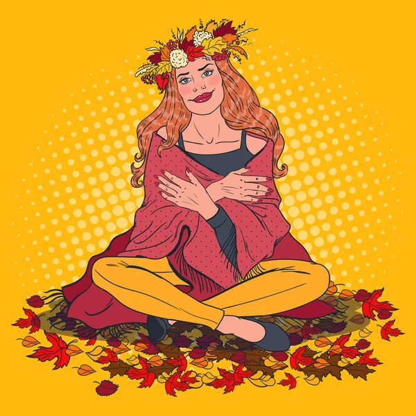 Pop Art Happy Woman no Dia de Outono no Parque. Menina bonita com folhas de bordo de queda ao ar livre. Ilustração vetorial — Vetor de Stock