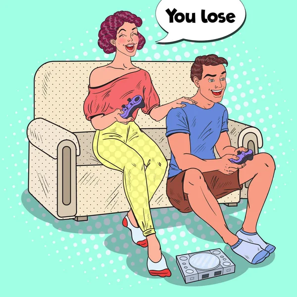 Pop Art Pareja jugando videojuego. Chica y chico con joystick de consola. Ilustración vectorial — Archivo Imágenes Vectoriales