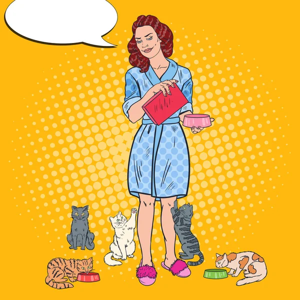 Pop Art hermosa mujer alimentando a sus gatos. Cuidado de mascotas. Ilustración vectorial — Archivo Imágenes Vectoriales