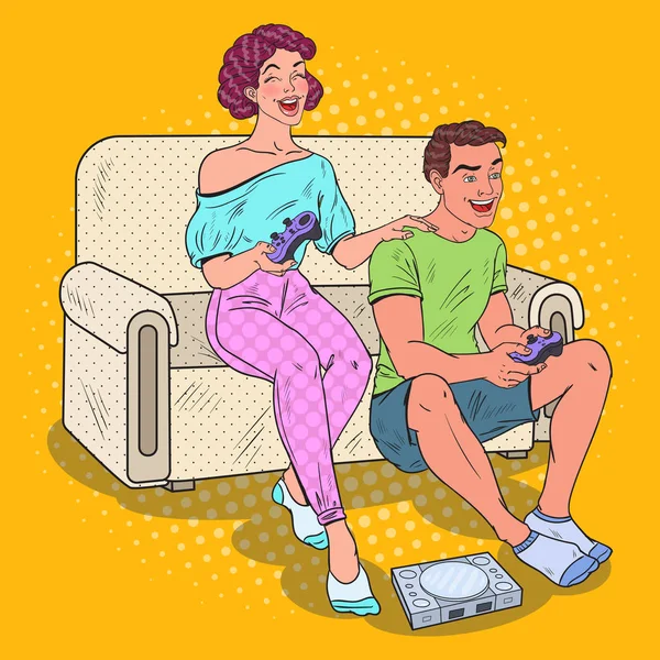 Pop Art ζευγάρι παίζει βίντεο παιχνίδι στο σπίτι. Το κορίτσι και ο τύπος με κονσόλα Joystick. Εικονογράφηση διάνυσμα — Διανυσματικό Αρχείο