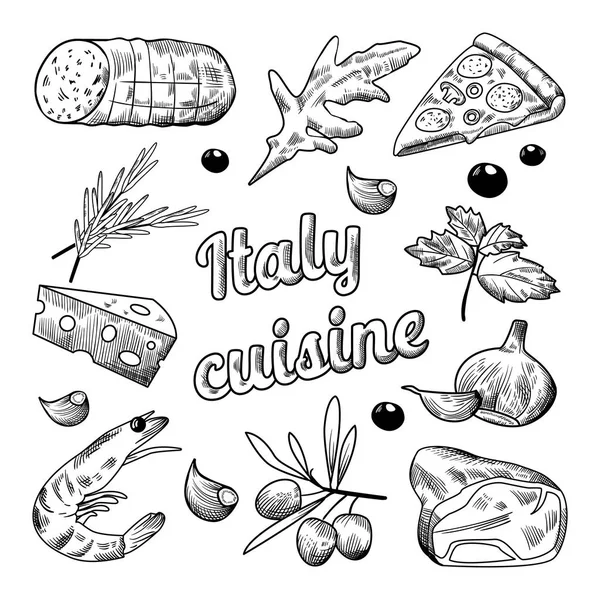Olasz élelmiszer kézzel rajzolt firka. Pizza sajt, olajbogyó és garnélarák. Vektoros illusztráció — Stock Vector
