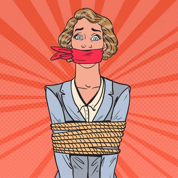 Испуганная поп-артом деловая женщина, связанная верёвкой. Проблемы бизнеса. Векторная иллюстрация — стоковый вектор