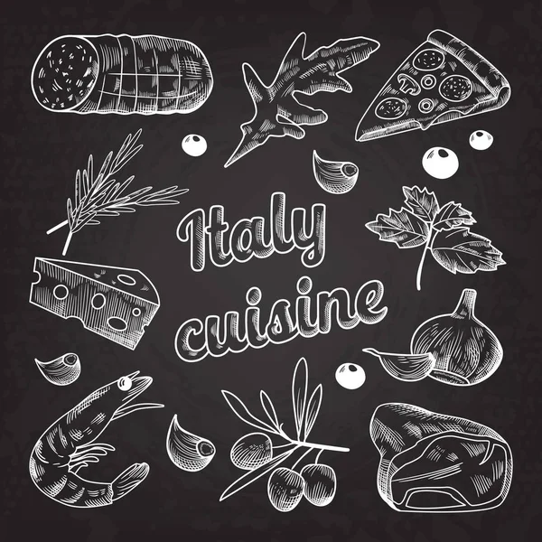 İtalyan gıda el yazı tahtası çizilmiş Doodle. Pizza peynir zeytin ve karides. Vektör çizim