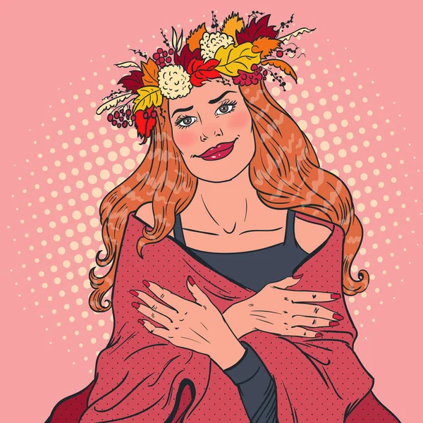 Поп-арт Счастливая женщина в осенний день с венком из осенних листьев клена. Векторная иллюстрация — стоковый вектор