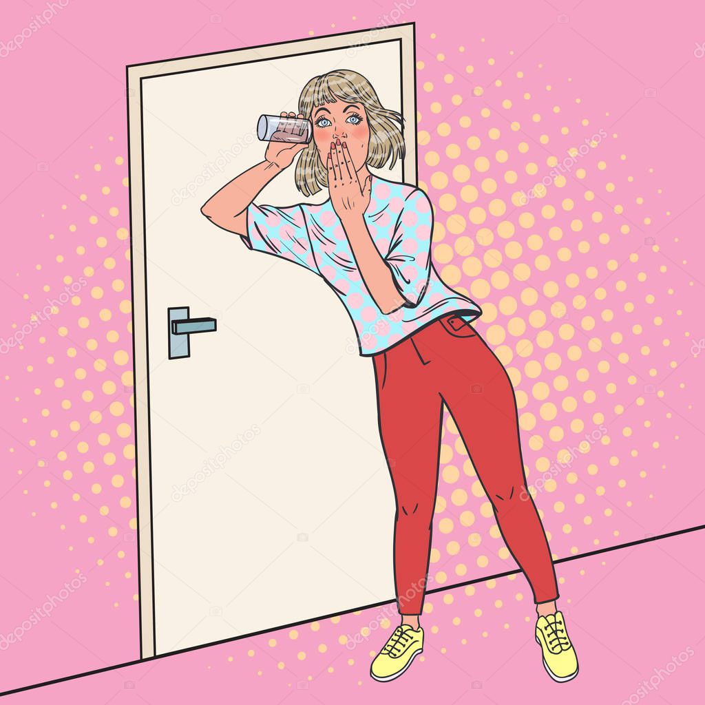 Pop Art Surprised Woman Overhears Conversation with Glass. Girl Eavesdrops. Vector illustration