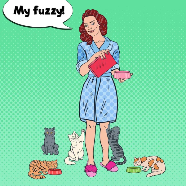 Pop Art Donna Nutrire i suoi gatti. Cura degli animali. Illustrazione vettoriale — Vettoriale Stock