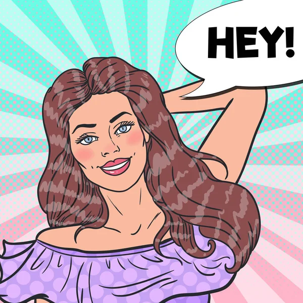 Pop Art Smiling Pretty Girl with Comic Speech Bubble. Hermosa mujer coqueta. Ilustración vectorial — Vector de stock