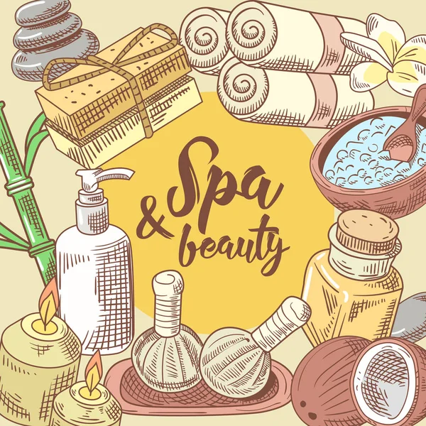 Spa Salon Wellness Beauty Design disegnato a mano. Set di elementi di salute per aromaterapia. Trattamento della pelle. Illustrazione vettoriale — Vettoriale Stock