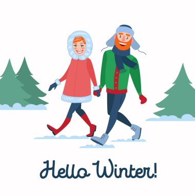 Kış tatil günlerinde mutlu çift. Erkek ve kadın üzerinde yürüme elele. Noel zamanı. Vektör çizim