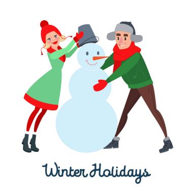Mutlu çift yapma kardan adam. Kış tatili. Noel zamanı. Vektör çizim