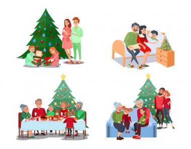 Noel aile sahneleri. Çocuk hediyeleri açalım. Aile Noel yemeği. Dedesi torun ile. Vektör çizim