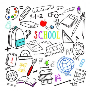 Geri okul elle çizilmiş Doodle için. Eğitim öğeleri ayarlayın. Vektör çizim