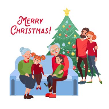 Mutlu bir aile Noel kutluyor. Dedesi torun yeni yıl arifesinde ile. Kış tatili. Vektör çizim