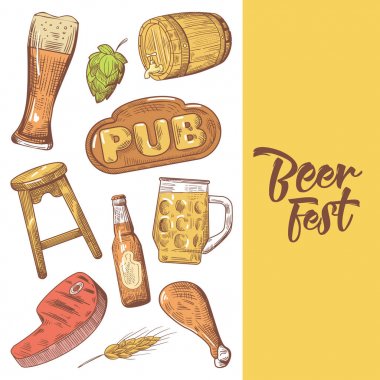 Bira Festivali elle çizilmiş reklam, Poster, afiş. Bira kroki tarzı Doodle. Vektör çizim