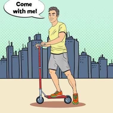 Şehirde sürüş tekme Scooter Pop Art genç adam. Modern kentsel araç. Vektör çizim