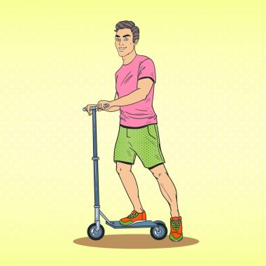 Pop Art genç sürüş itme Scooter adam. Gülümseyen adam tekme Scooter üzerinde. Vektör çizim