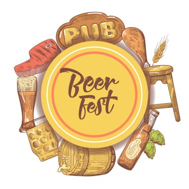 Bira Festivali elle çizilmiş Poster, afiş. Bira kroki tarzı Doodle. Vektör çizim