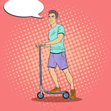 Pop Art genç sürüş itme Scooter adam. Gülümseyen adam tekme Scooter üzerinde. Vektör çizim